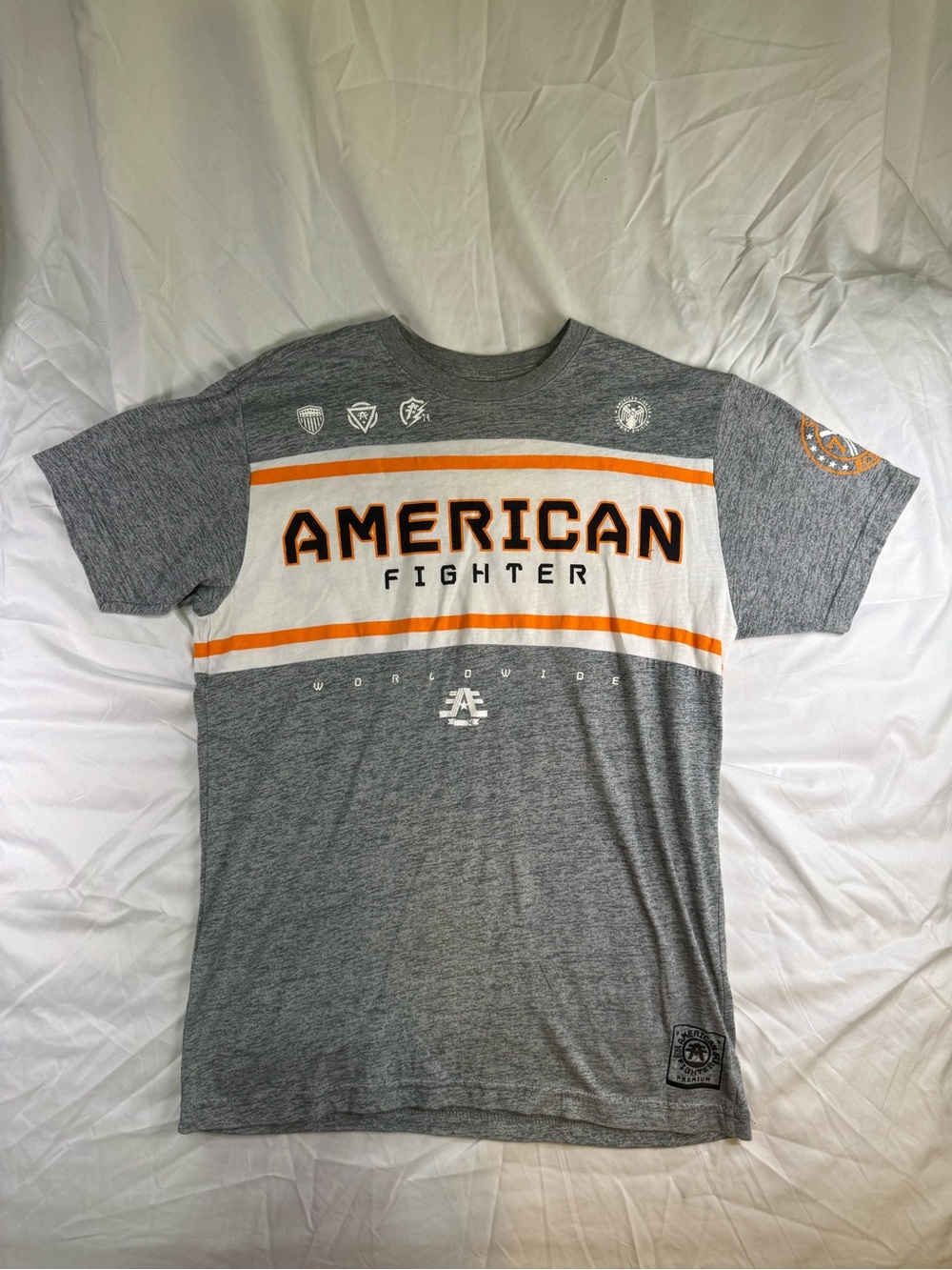 American Fighter Grey White Tee with Orange Stripes